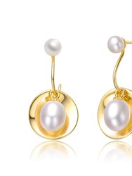 Sterling Silver 14k Yellow Gold Plated with White Pearl Double Drop Seashell Dangle Earrings - Gold