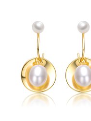 Sterling Silver 14k Yellow Gold Plated with White Pearl Double Drop Seashell Dangle Earrings