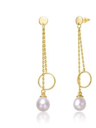 Sterling Silver 14k Yellow Gold Plated with White Pearl & Eternity Circle Asymmetrical Double Linear Drop Fringe Earrings - Gold