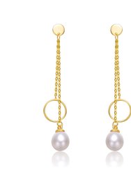 Sterling Silver 14k Yellow Gold Plated with White Pearl & Eternity Circle Asymmetrical Double Linear Drop Fringe Earrings