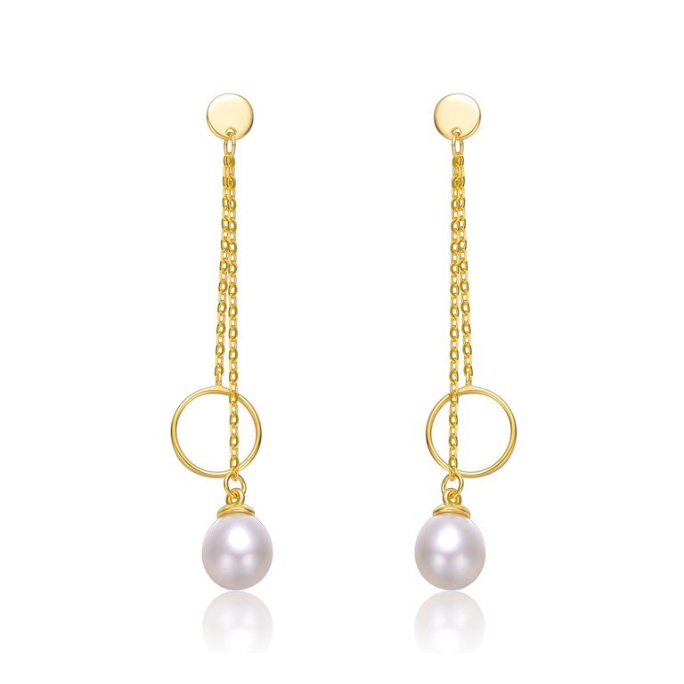Sterling Silver 14k Yellow Gold Plated with White Pearl & Eternity Circle Asymmetrical Double Linear Drop Fringe Earrings