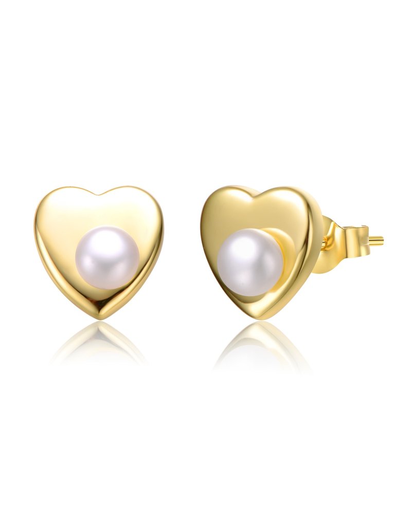 Sterling Silver 14k Yellow Gold Plated With White Pearl Heart Stud Earrings - Gold