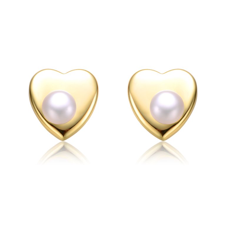 Sterling Silver 14k Yellow Gold Plated With White Pearl Heart Stud Earrings
