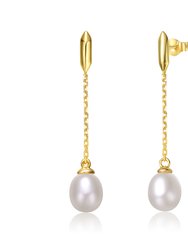 Sterling Silver 14k Yellow Gold Plated With White Pearl Linear Dangle Drop Cable Chain Earrings - Gold
