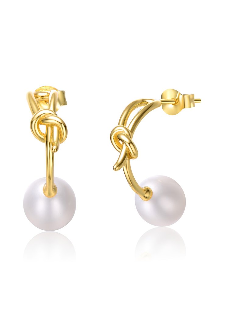 Sterling Silver 14k Yellow Gold Plated With White Pearl Love Knot Half-Hoop Earrings - Gold