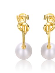 Sterling Silver 14k Yellow Gold Plated With White Pearl Love Knot Half-Hoop Earrings
