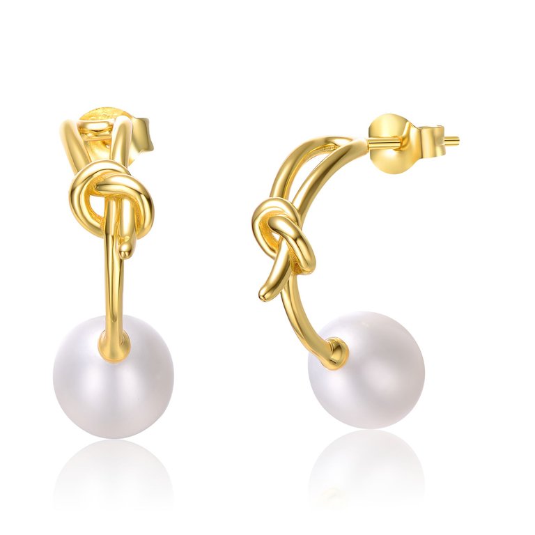 Sterling Silver 14k Yellow Gold Plated With White Pearl Love Knot Half-Hoop Earrings - Gold