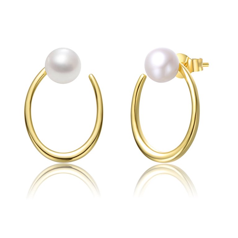 Sterling Silver 14k Yellow Gold Plated With White Pearl Oblong Oval Halo Hoop Dangle Earrings - Gold