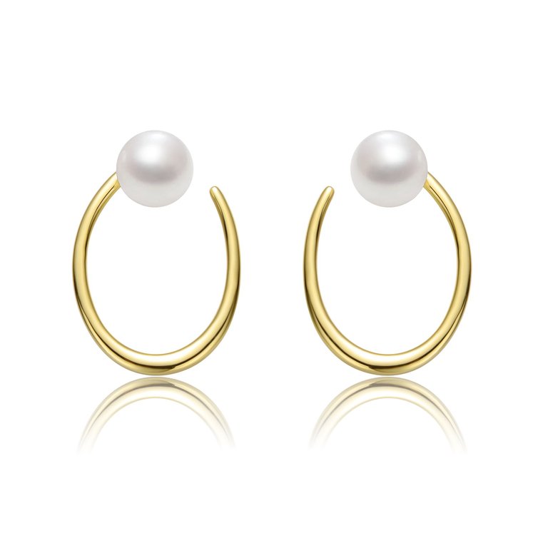 Sterling Silver 14k Yellow Gold Plated With White Pearl Oblong Oval Halo Hoop Dangle Earrings