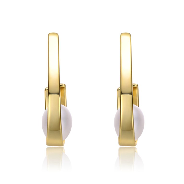 Sterling Silver 14k Yellow Gold Plated With White Pearl Ribbon Half-Hoop Drop Earrings