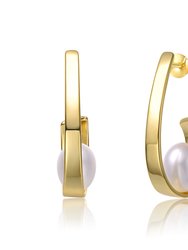 Sterling Silver 14k Yellow Gold Plated With White Pearl Ribbon Half-Hoop Drop Earrings - Gold