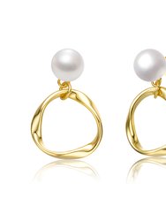 Sterling Silver 14k Yellow Gold Plated With White Pearl Twisted Eternity Circle Halo Double Drop Dangle Earrings - Gold