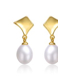 Sterling Silver 14k Yellow Gold With White Pearl Drop Geometric Shield Retro Dangle Earrings