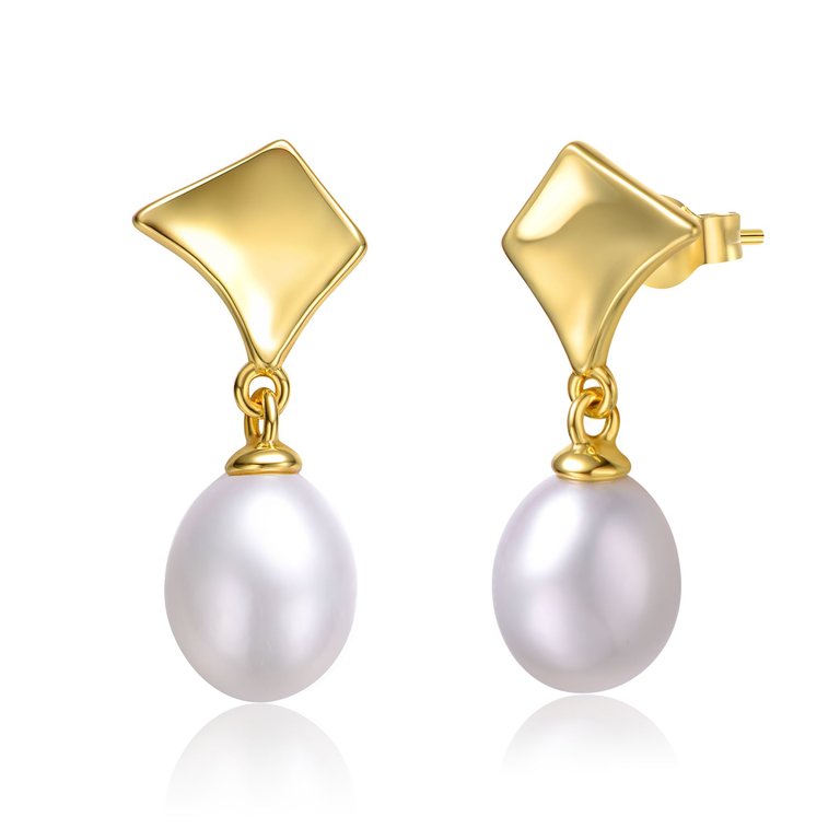 Sterling Silver 14k Yellow Gold With White Pearl Drop Geometric Shield Retro Dangle Earrings - Gold