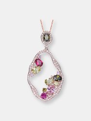 Sterling Silver 18k Rose Plated Multi Color Cubic Zirconia Assymetrical Spring Ring Pendant Necklace - Pink