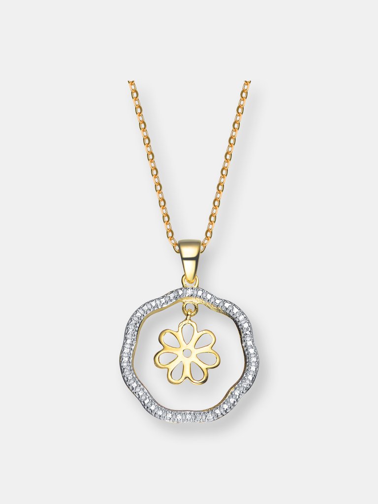 Sterling Silver Cubic Zirconia Two Tone Outlined Flower Pendant - Gold