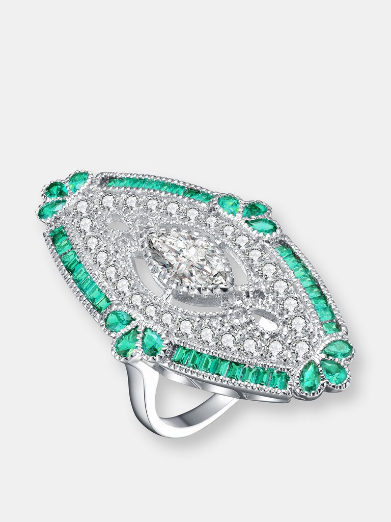 Sterling Silver Emerald Cubic Zirconia Coctail Ring - Green