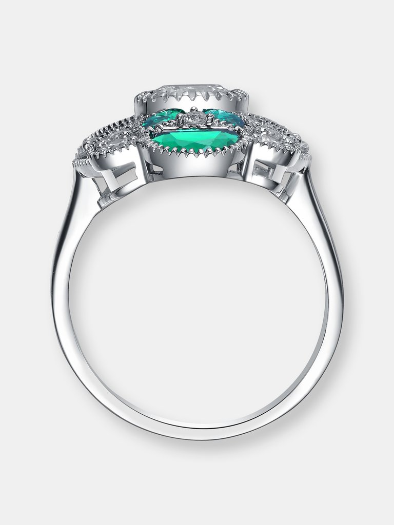 Sterling Silver Emerald Cubic Zirconia Floral Cocktail Ring