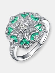 Sterling Silver Emerald Cubic Zirconia Floral Cocktail Ring - Green