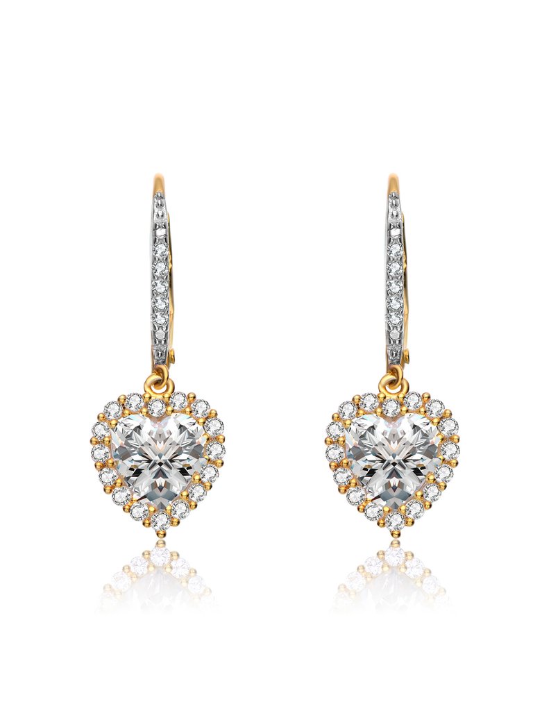 Sterling Silver Gold Plated Cubic Zirconia Pear Heart Pave Halo Drop Dangle Earrings - Gold
