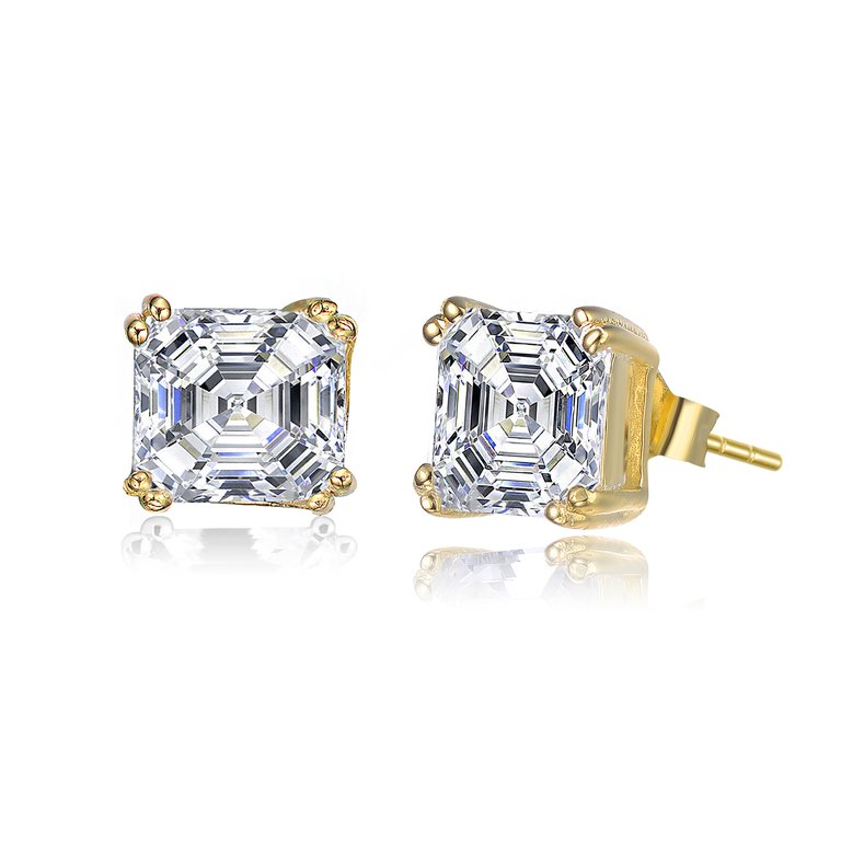 Sterling Silver Gold Plated Cubic Zirconia Square Stud Earrings - Gold