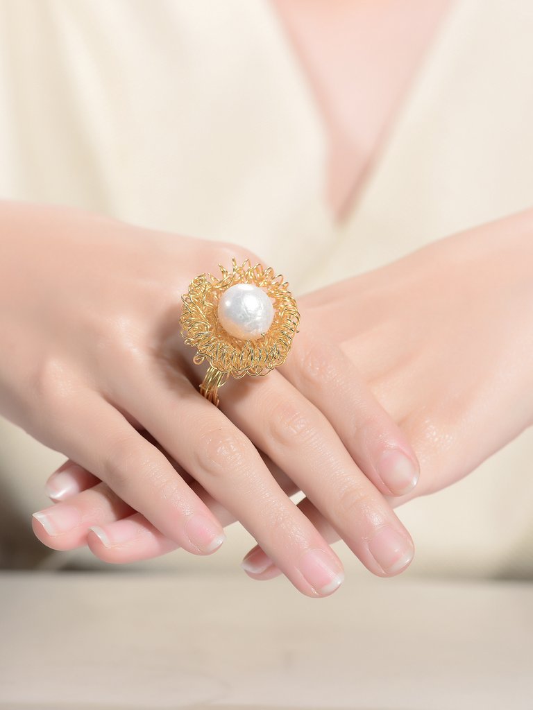 Sterling Silver Gold Plated Freshwater Pearl Nature Inspired Ring