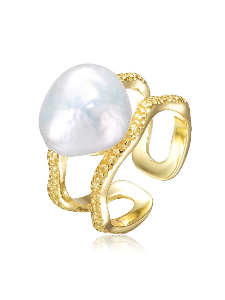 Sterling Silver Gold Plated with Genuine Freshwater Pearl Contemporary Ring - Gold
