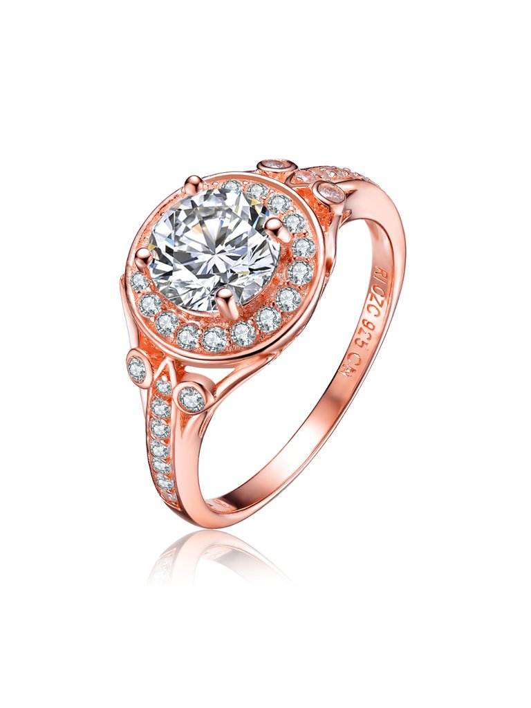 Sterling Silver Rose Gold Plated Cubic Zirconia Halo Engagement Ring - Rose Gold