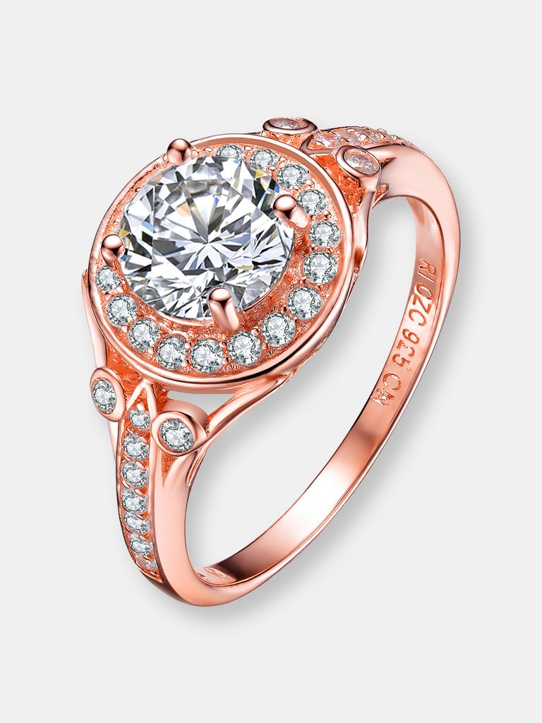 Sterling Silver Rose Gold Plated Cubic Zirconia Halo Engagement Ring - Rose Gold