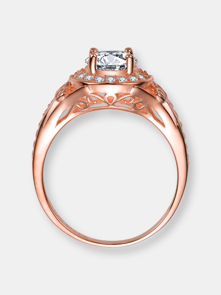 Sterling Silver Rose Gold Plated Cubic Zirconia Halo Engagement Ring