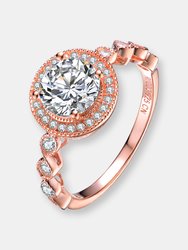 Sterling Silver Rose Gold Plated Cubic Zirconia Pave Solitaire Ring - Pink
