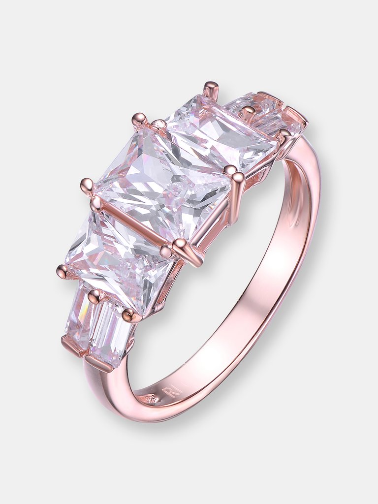 Sterling Silver Rose Gold Plated Cubic Zirconia Three Stone Engagement Ring - Rose Gold