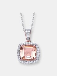Sterling Silver Rose Gold Plated Morganite Cubic Zirconia  Halo Drop Necklace - Pink