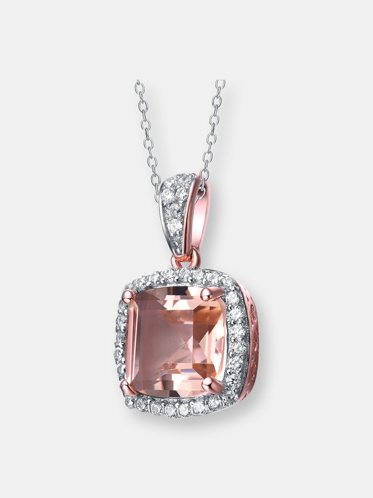 Sterling Silver Rose Gold Plated Morganite Cubic Zirconia  Halo Drop Necklace