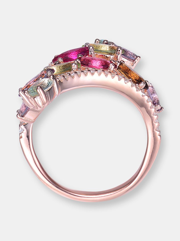 Sterling Silver Rose Gold Plated Multi Colored Cubic Zirconia Coctail Ring