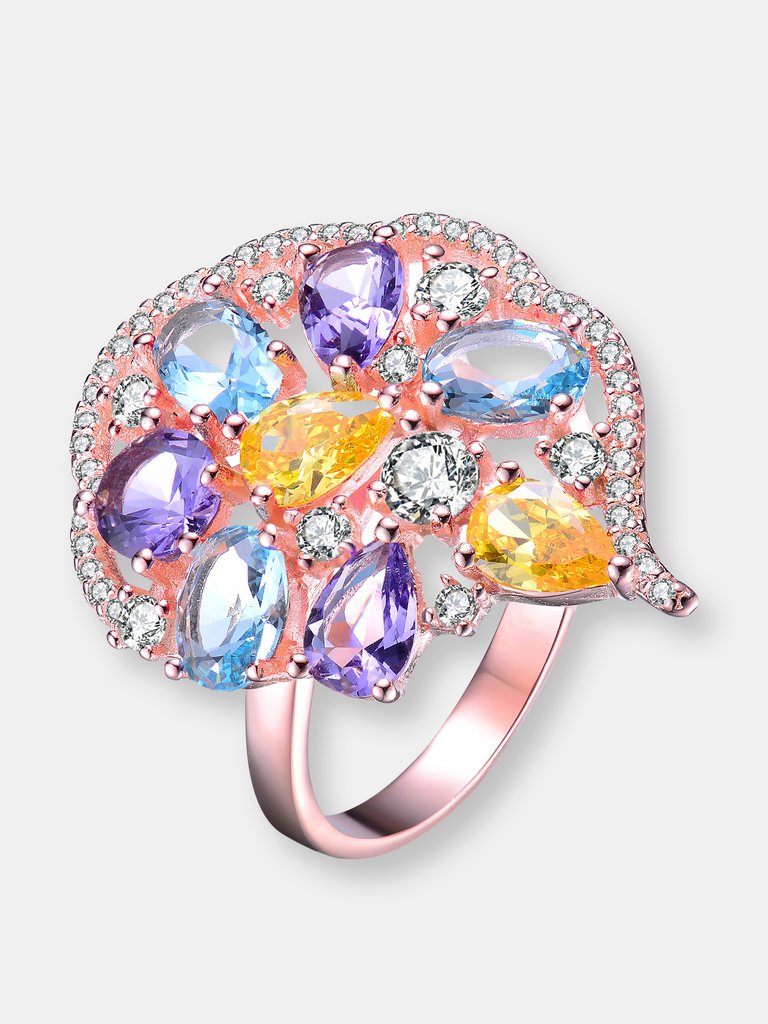 Sterling Silver Rose Gold Plated Multi Colored Cubic Zirconia Coctail Ring - Multi