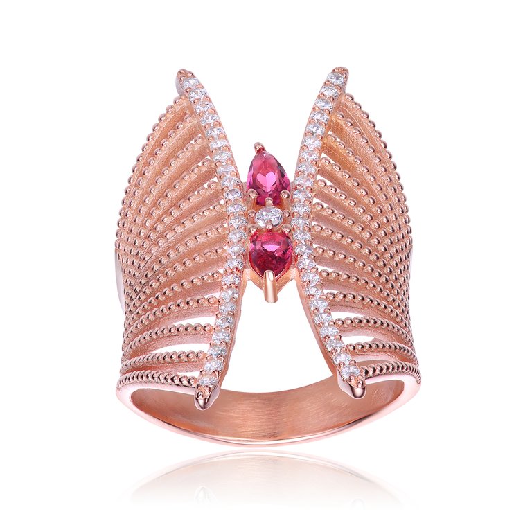 Sterling Silver Rose Gold Plated Red Cubic Zirconia Accent Butterfly Design Setting Ring