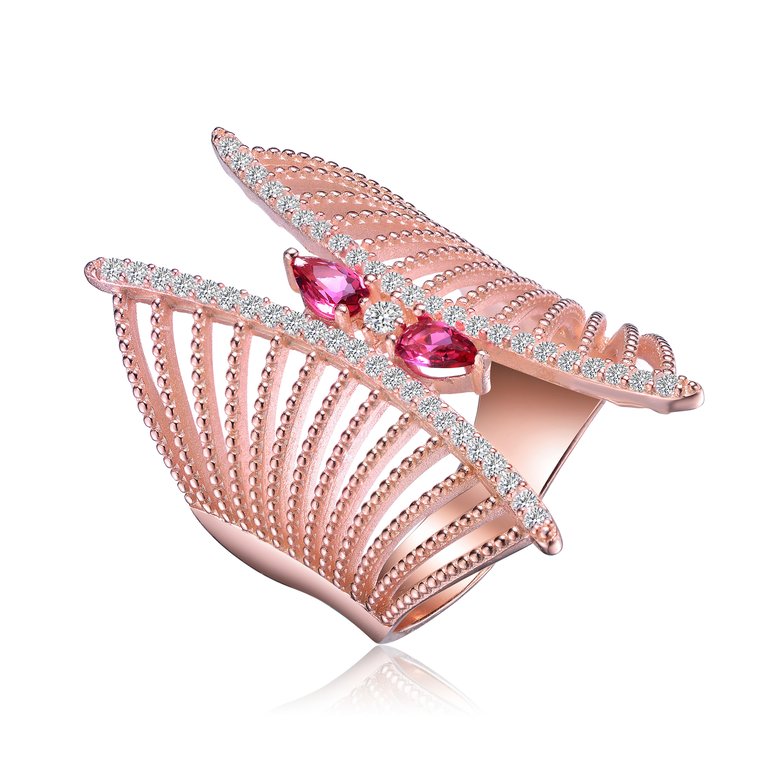 Sterling Silver Rose Gold Plated Red Cubic Zirconia Accent Butterfly Design Setting Ring - Silver/Pink