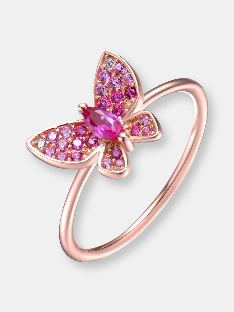 Sterling Silver Rose Gold Plated Ruby Cubic Zirconia Butterfly Ring - Rose Gold