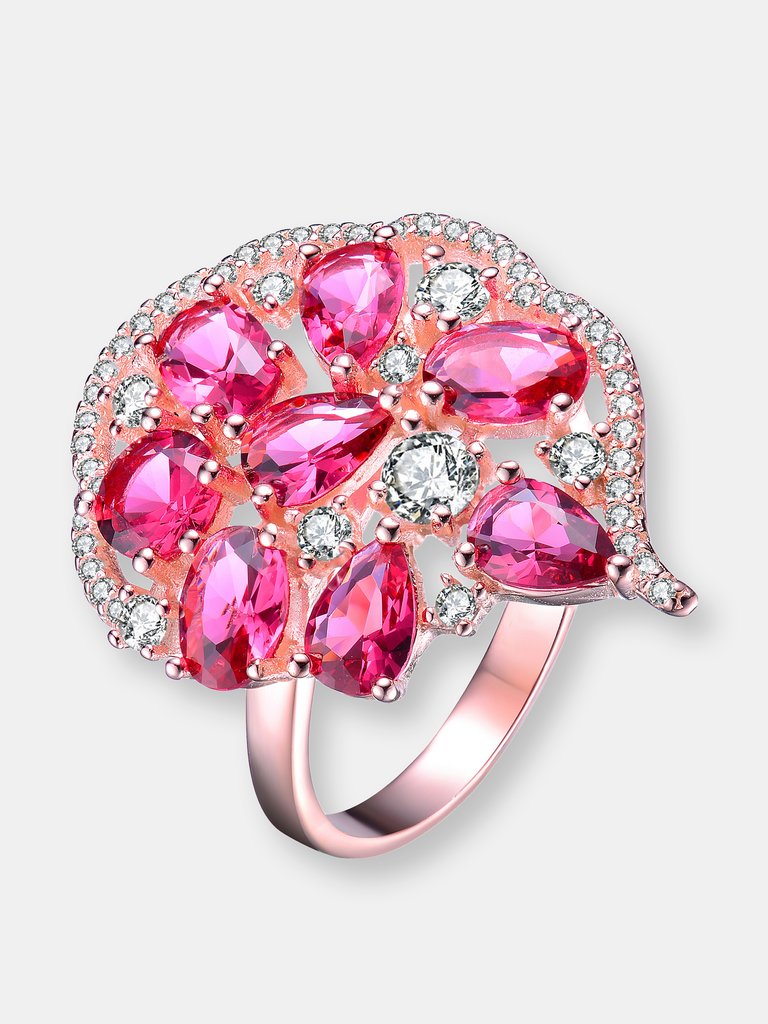 Sterling Silver Rose Gold Plated Ruby Cubic Zirconia Coctail Ring - Rose