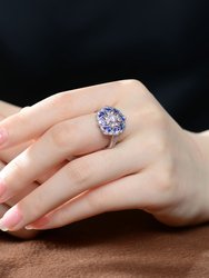 Sterling Silver Sapphire Cubic Zirconia Floral Cocktail Ring