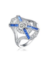 Sterling Silver Sapphire Cubic Zirconia Geometrical Coctail Ring - Blue