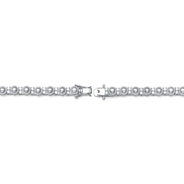 Sterling Silver Tennis Bracelet with White Pearls and Clear Cubic Zirconia Tennis Bracelet
