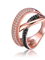 Sterling Silver Two Tone Black And Clear Cubic Zirconia Interlocked Ring - Rose Gold