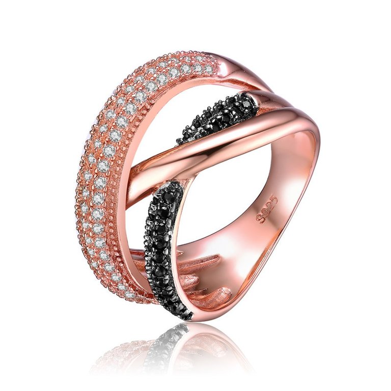 Sterling Silver Two Tone Black And Clear Cubic Zirconia Interlocked Ring - Rose Gold