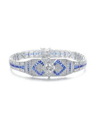 Sterling Silver White Gold Plated Clear Round and Colored Baguette Cubic Zirconia Link Bracelet - Sapphire