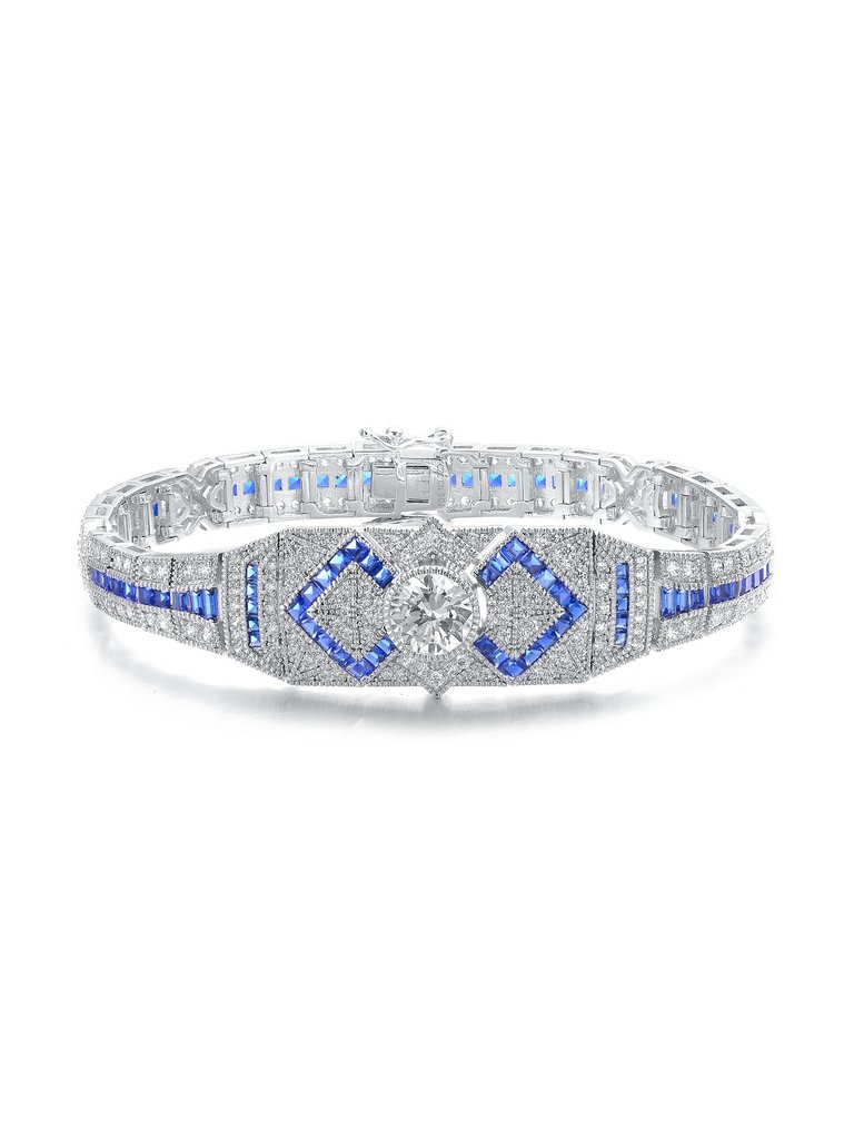 Sterling Silver White Gold Plated Clear Round and Colored Baguette Cubic Zirconia Link Bracelet - Sapphire