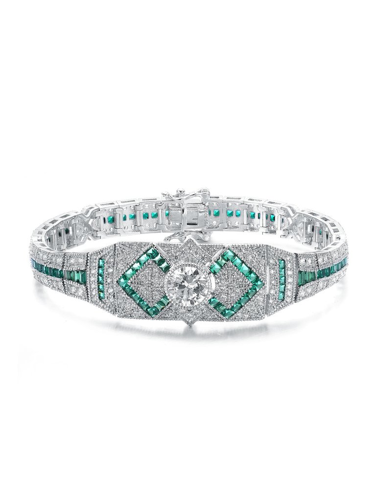 Sterling Silver White Gold Plated Clear Round and Colored Baguette Cubic Zirconia Link Bracelet - Green
