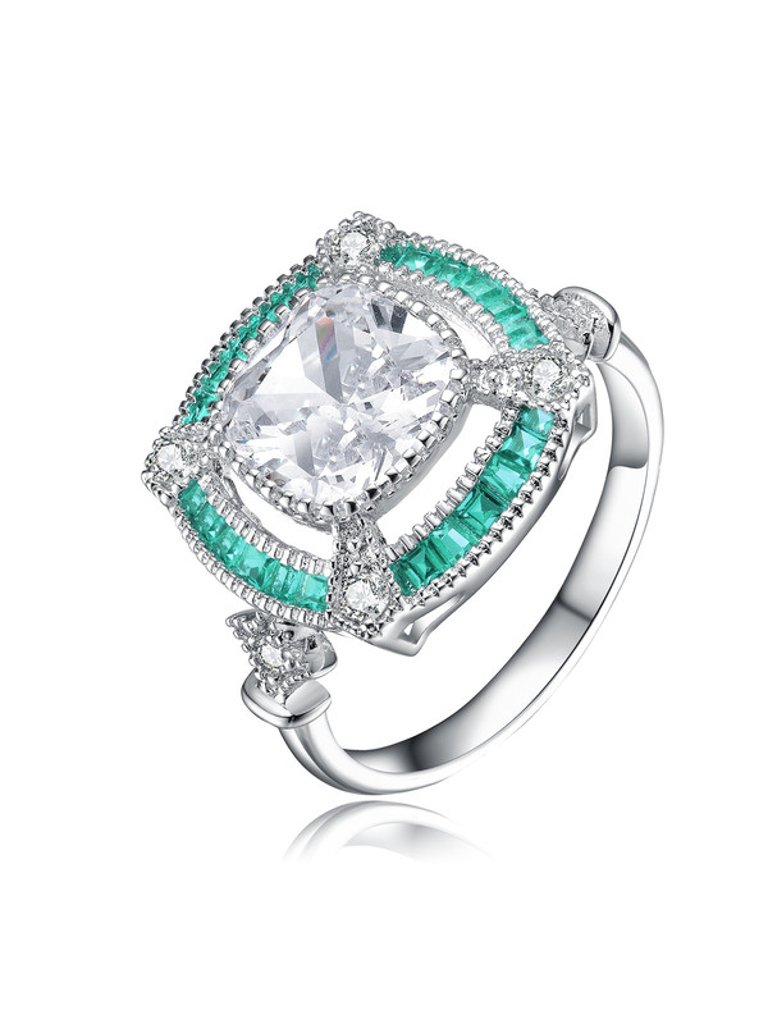 Sterling Silver White Gold Plated With Baguette And Round Colored Cubic Zirconia Modern Ring - Emerald