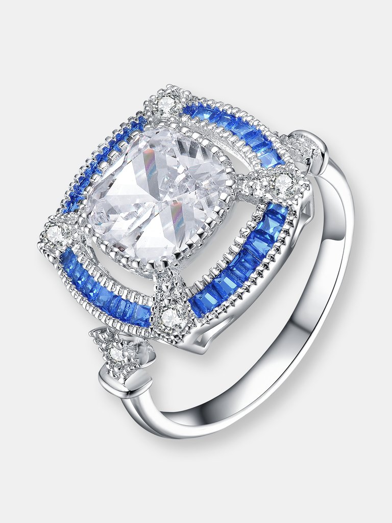 Sterling Silver White Gold Plated with Baguette and Round Colored Cubic Zirconia Modern Ring - Blue